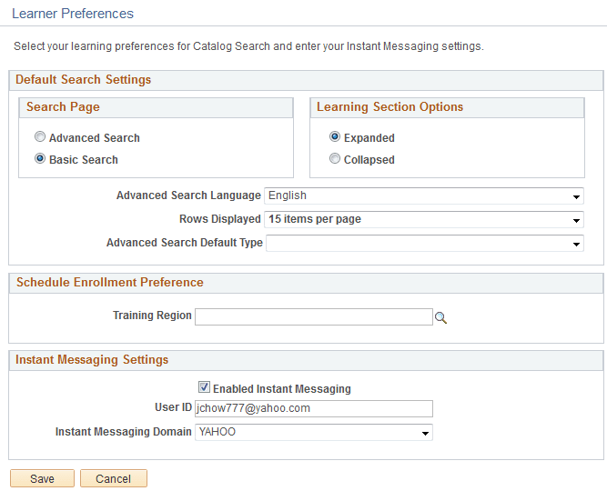 Learner Preferences page