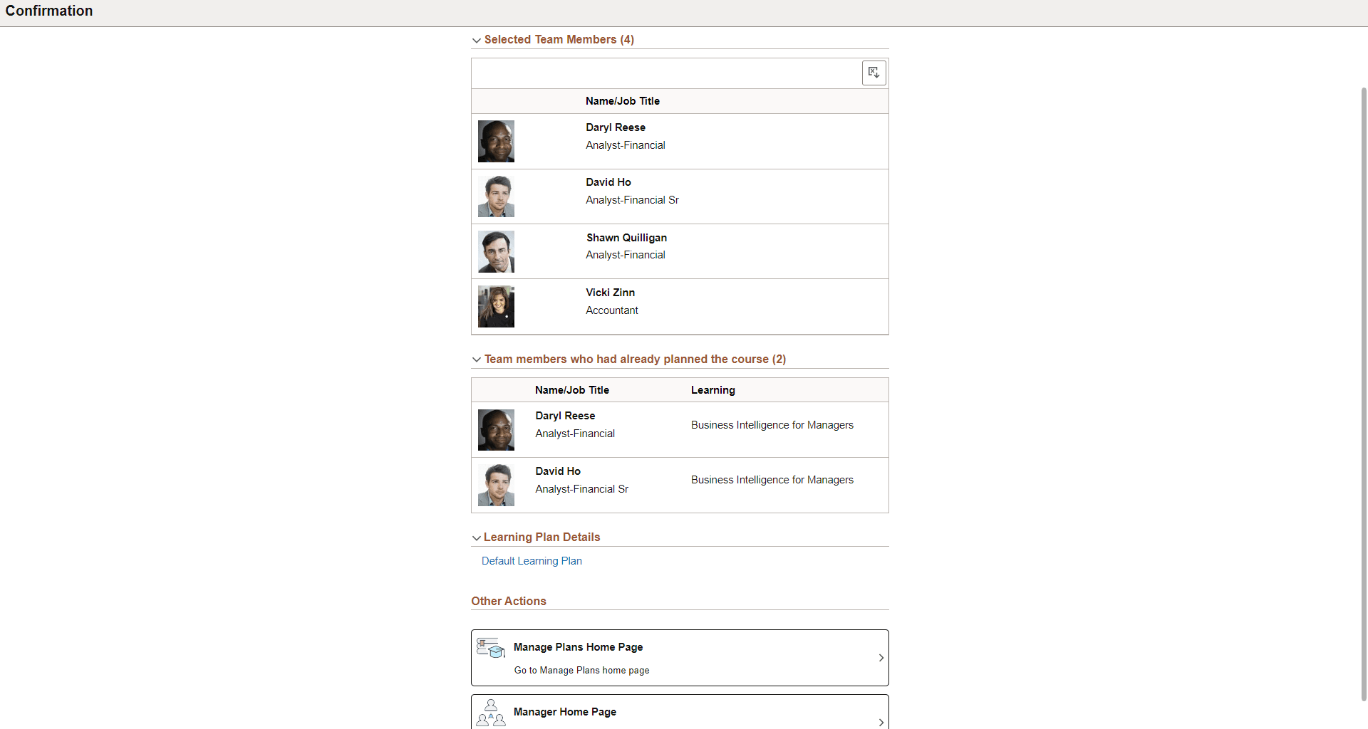 Confirmation of Manage Plans By Team Members