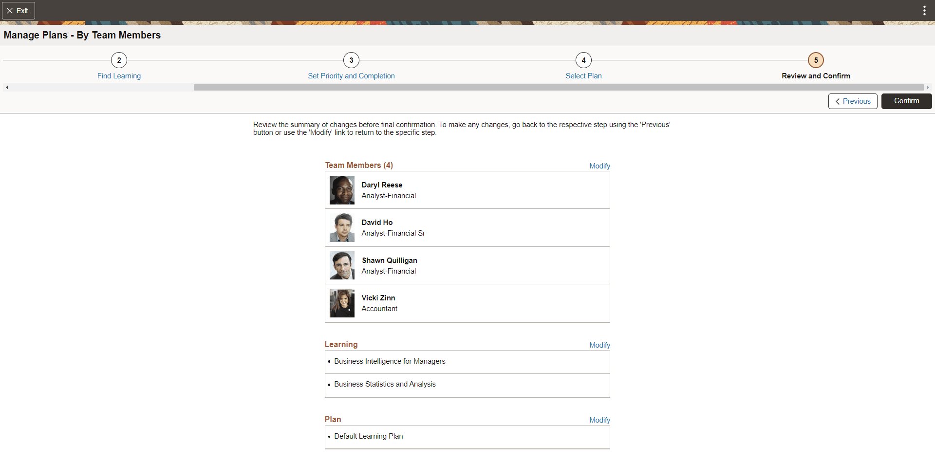 Review and Confirm Step of Manage Plans By Team Members