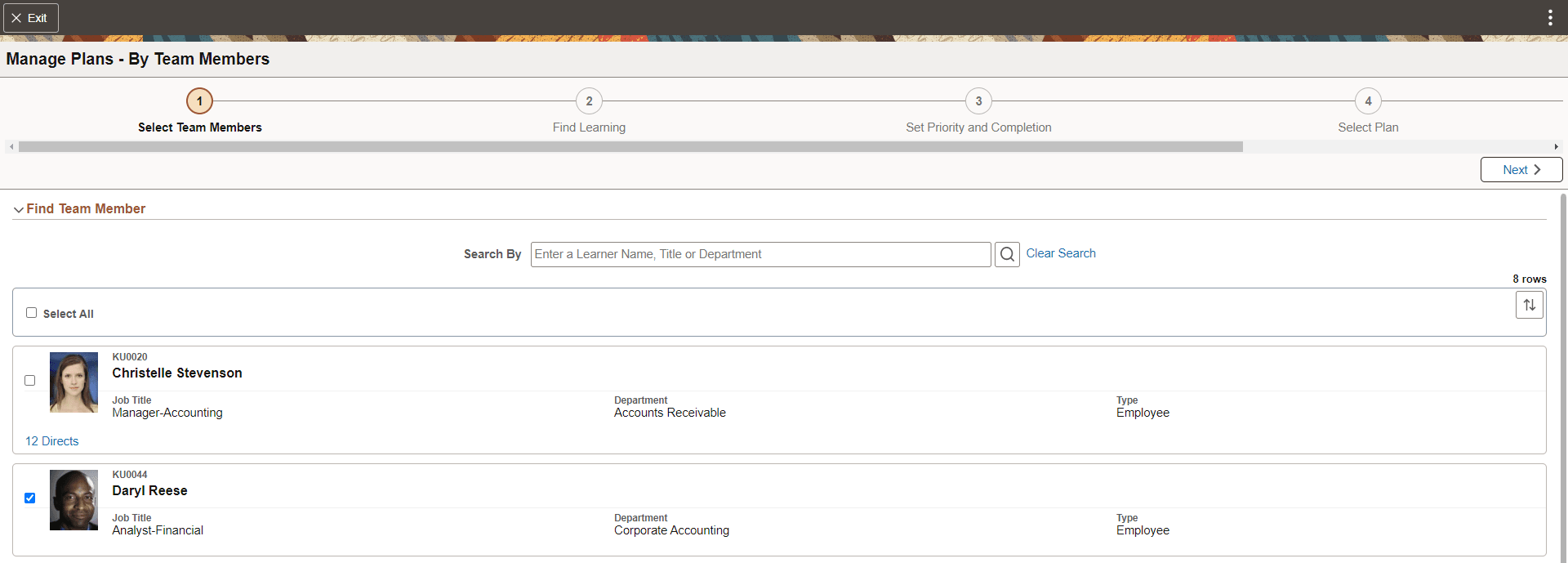 Select Team Members Step of Manage Plans By Team Members