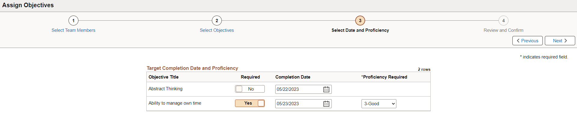 Select Date and Proficiency (Step 3 of 4 - Assign Objectives AG)