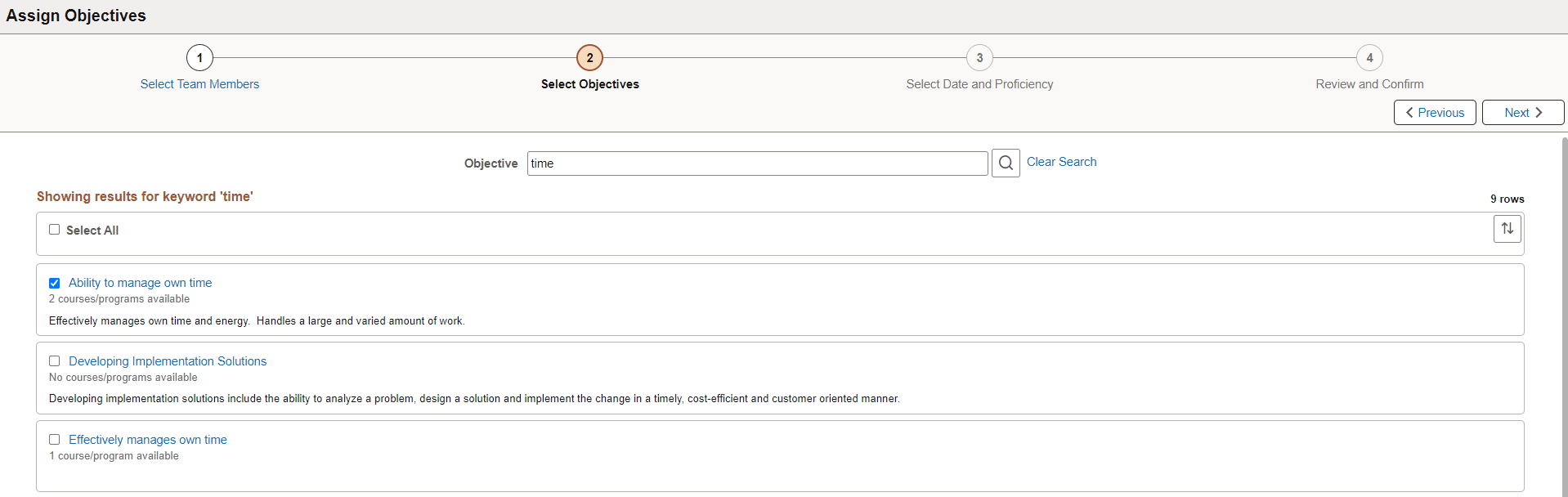 Select Objectives (Step 2 of 4 - Assign Objectives AG)