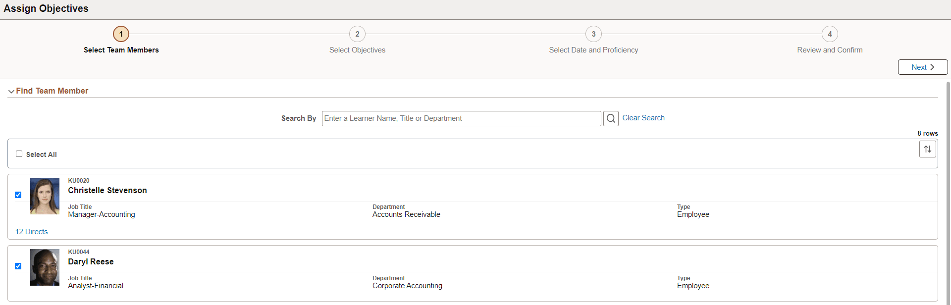 Select Team Members (Step 1 of 4 - Assign Objectives AG)