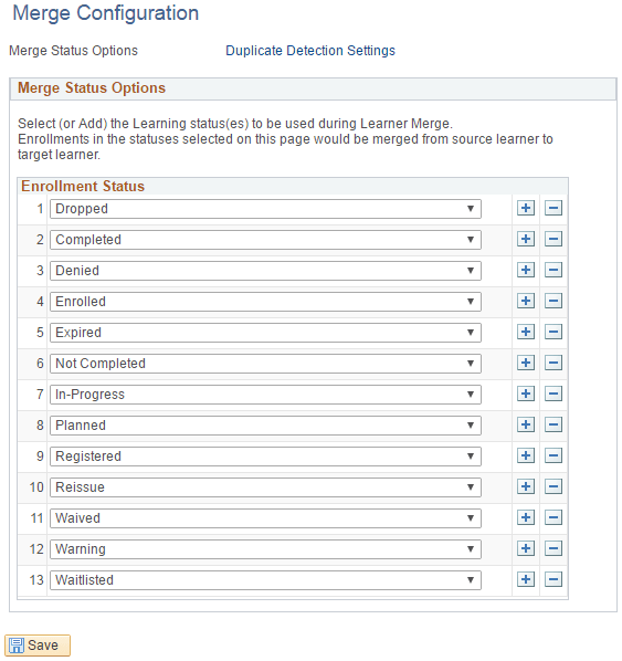 Merge Configuration - Merge Status Options page