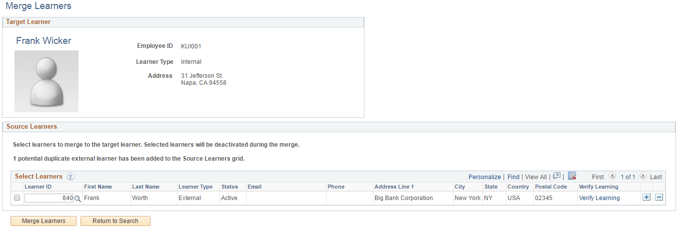 Merge Learners - Select Learners page