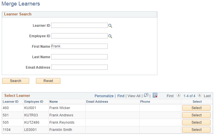 Merge Learners - Learner Search page