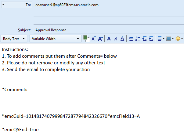 Example of an email generated from clicking an action link