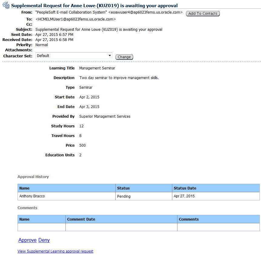 Example of an HTML approval email for a supplemental learning request