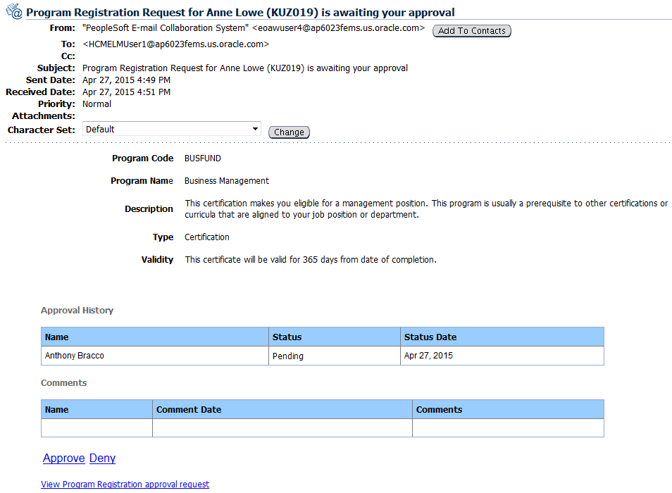Example of an HTML approval email for a program registration