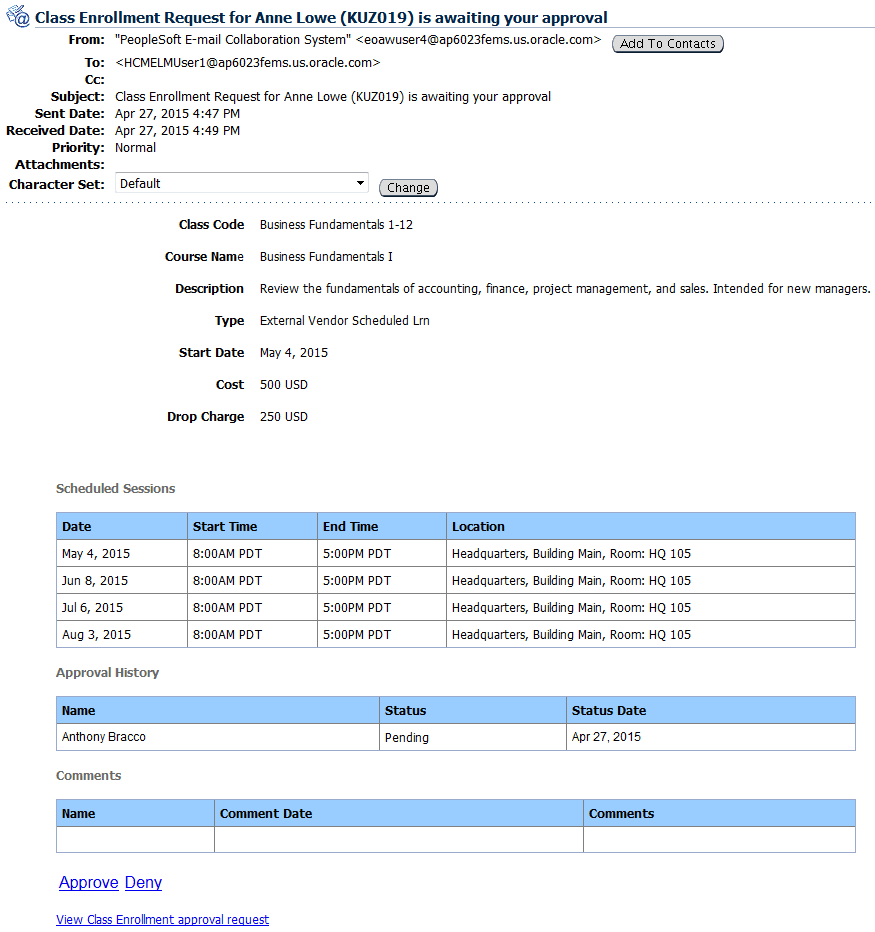 Example of an HTML approval email for a class enrollment