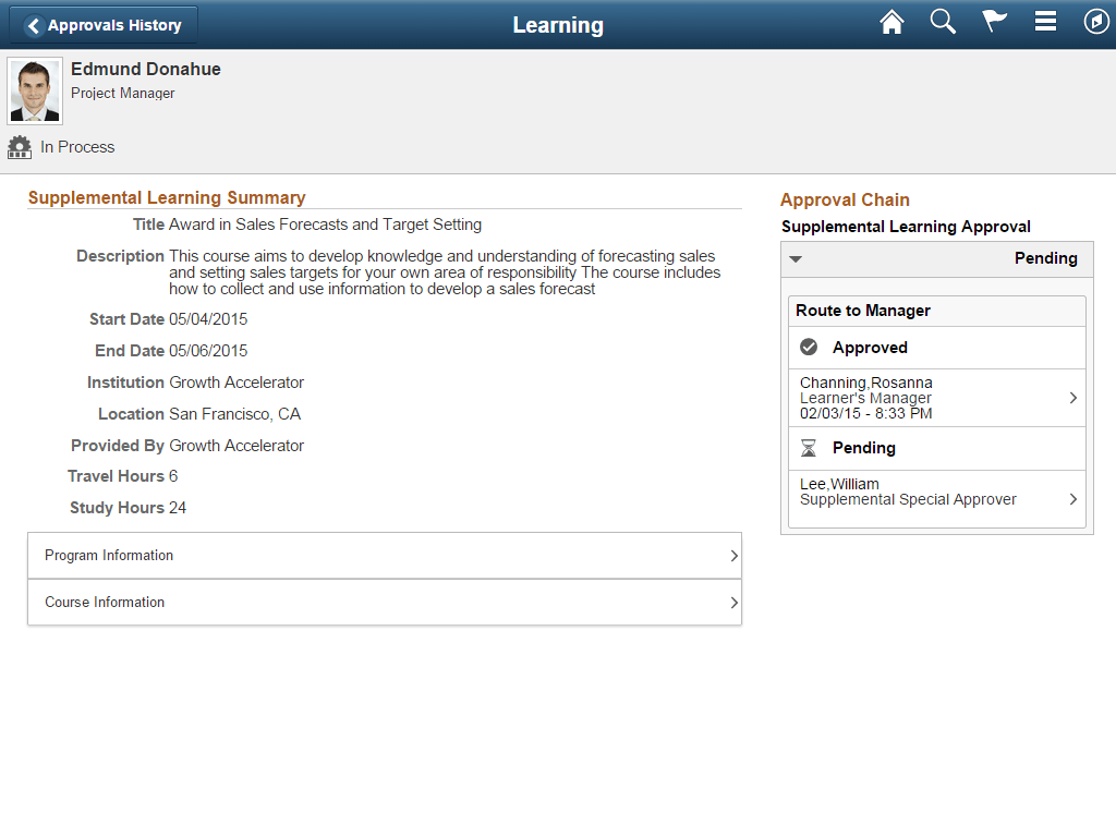 Approvals History - Learning page