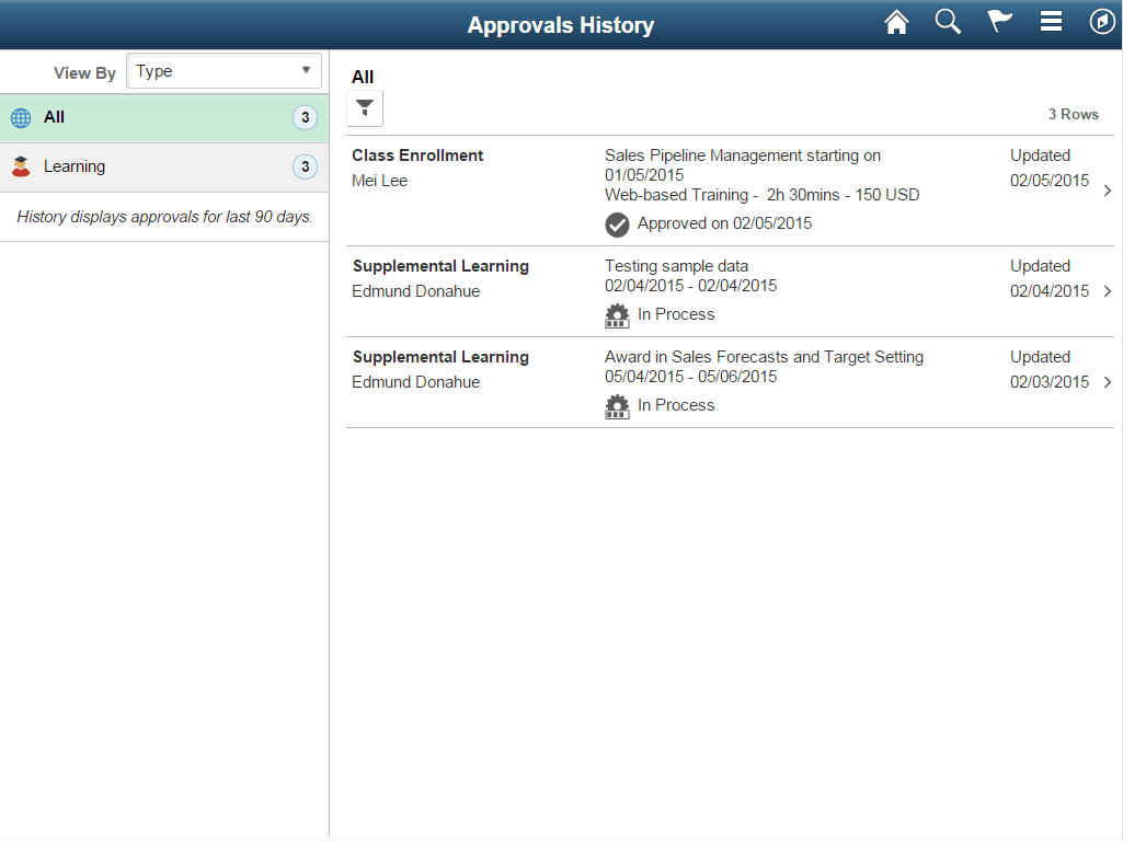 Approvals History page