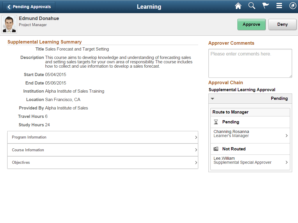 Pending Approvals - Learning page for Supplemental Learning