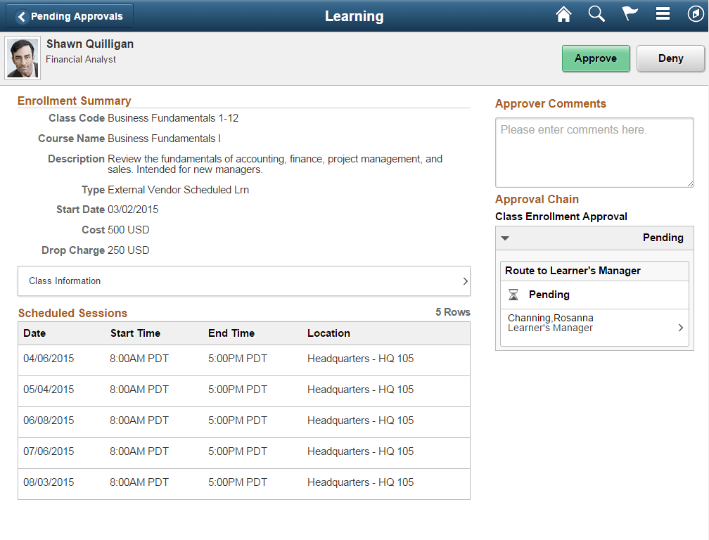 Pending Approvals - Learning page for Classroom Enrollments