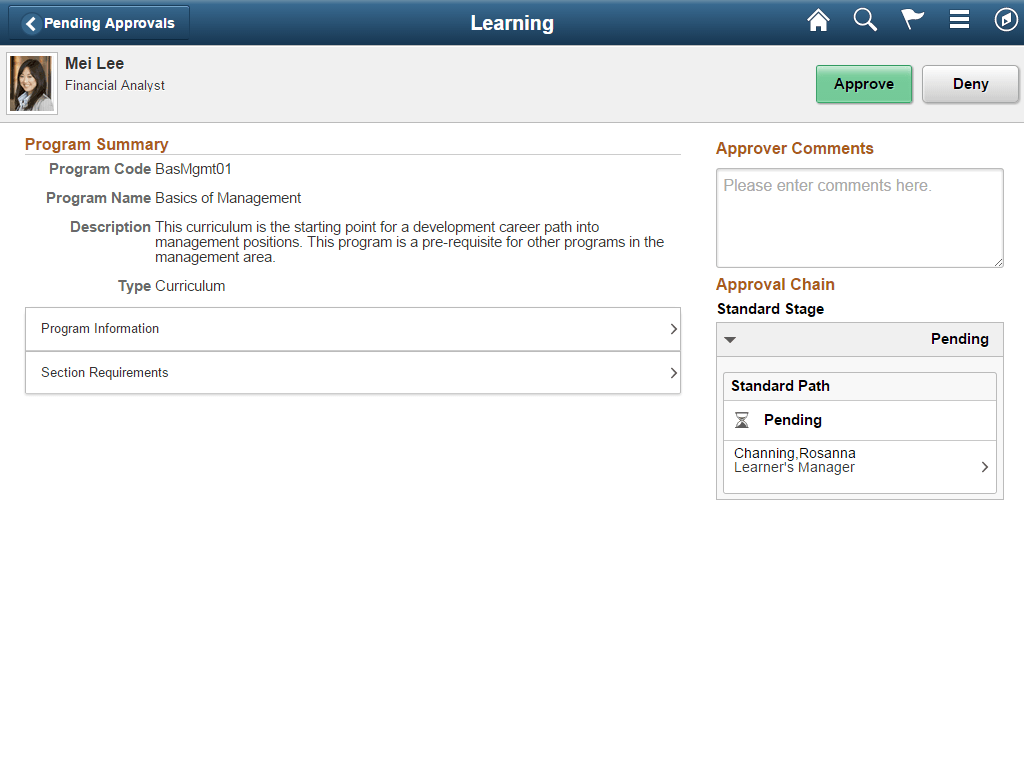 Pending Approvals - Learning page for Program Registrations