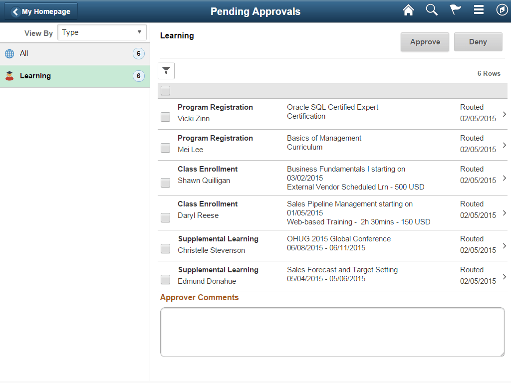 Pending Approvals page when Mass Approvals is enabled for a transaction category
