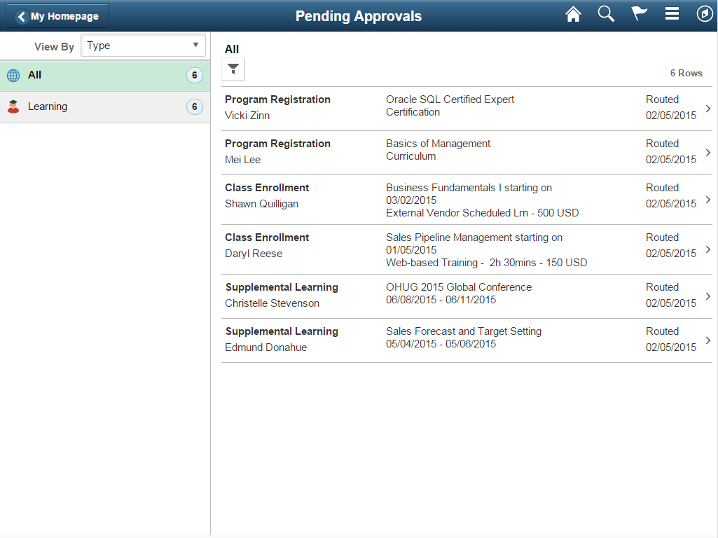 Pending Approvals page