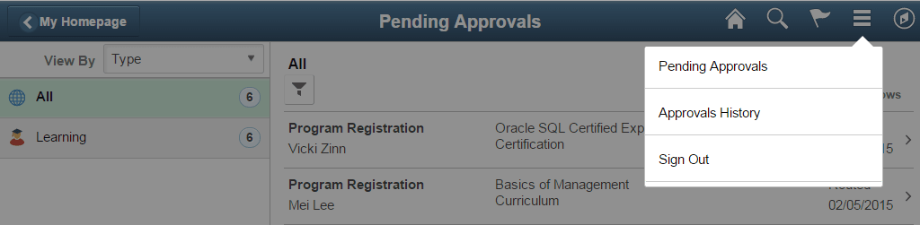 Action Menu icon showing the drop-down list where you select the Pending Approvals or Approvals History page