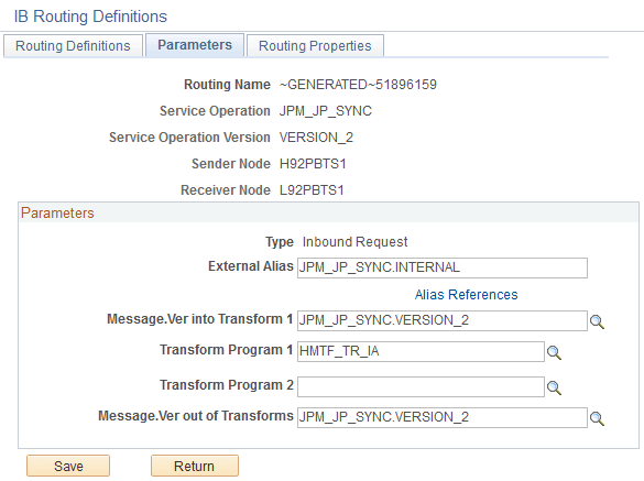 Parameters page for the JPM_JP_SYNC inbound routing