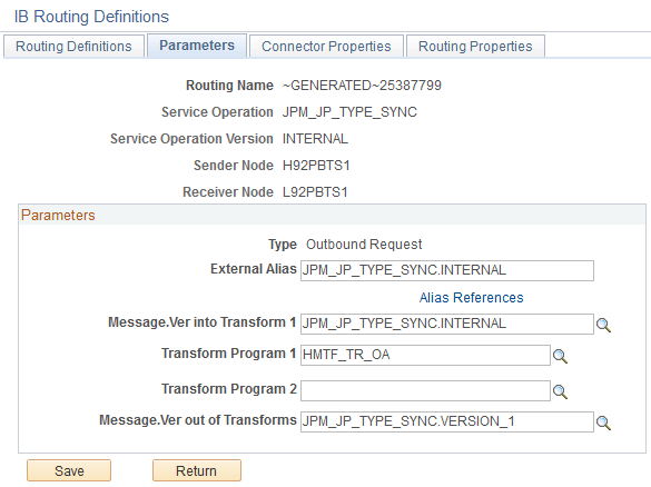 Parameters page for the JPM_JP_TYPE_SYNC outbound routing
