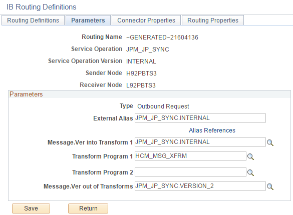 Parameters page for the JPM_JP_SYNC outbound routing