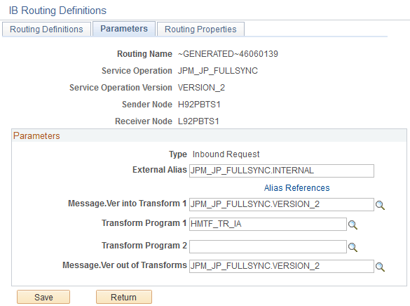 Parameters page for the JPM_JP_FULLSYNC inbound routing