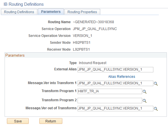 Parameters page for the JPM_JP_QUAL_FULLSYNC inbound routing