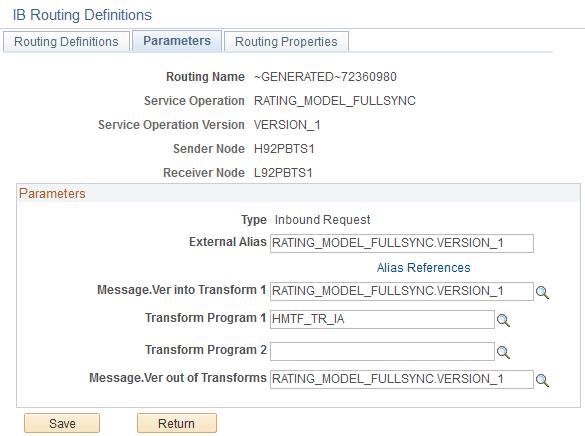 Parameters page for the RATING_MODEL_FULLSYNC inbound routing
