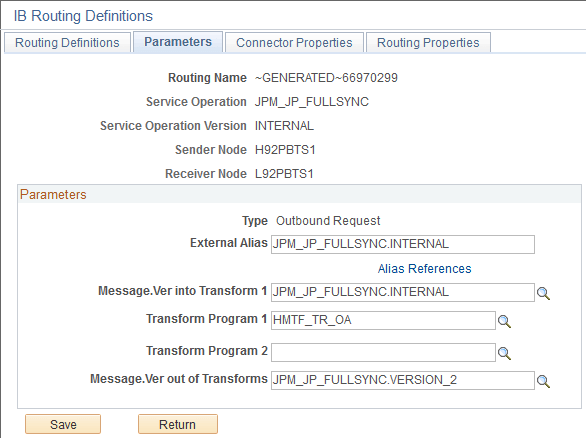 Parameters page for the JPM_JP_FULLSYNC outbound routing
