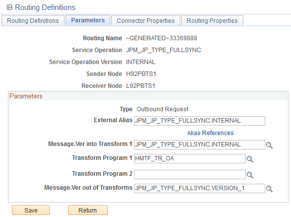 Parameters page for the JPM_JP_TYPE_FULLSYNC outbound routing