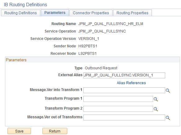 Parameters page for the JPM_JP_QUAL_FULLSYNC outbound routing