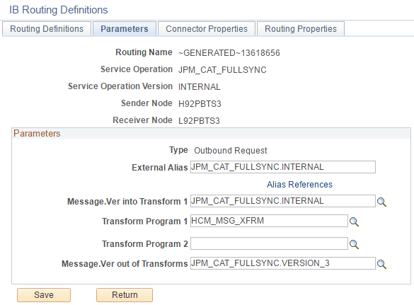 Parameters page for the JPM_CAT_FULLSYNC outbound routing