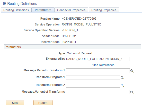 Parameters page for the RATING_MODEL_FULLSYNC outbound routing