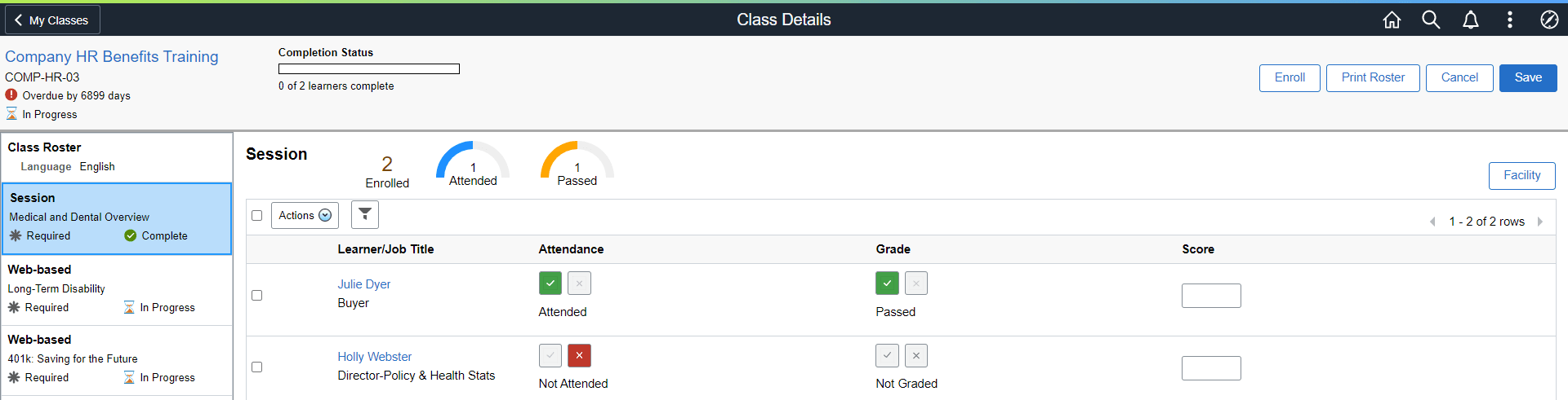 Class Details page with learning component