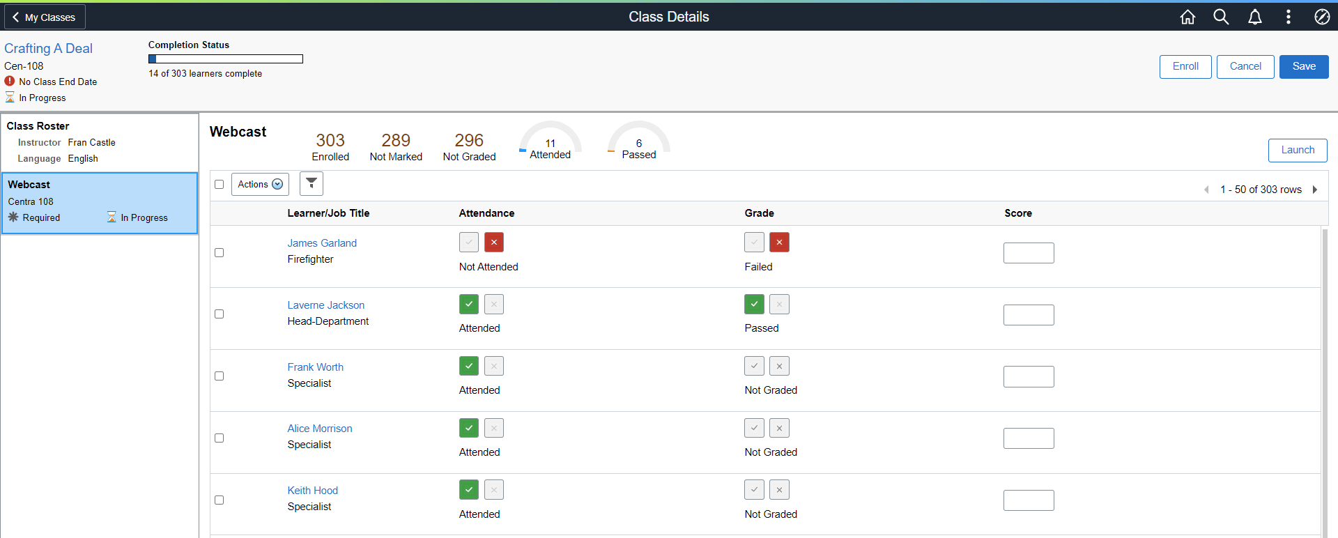 Class Details page with session open