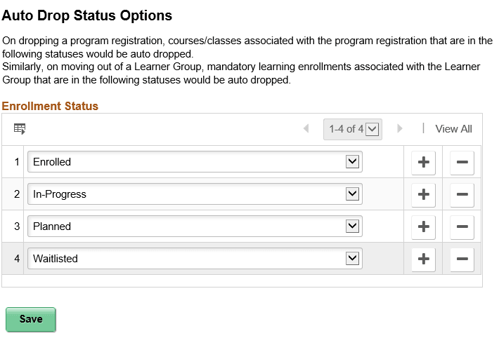 Auto Drop Status Options page