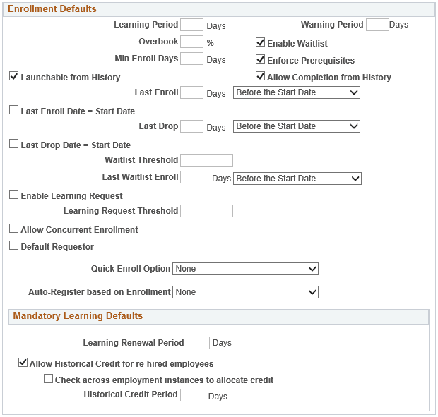 Learning Environments - Defaults page (2 of 3)