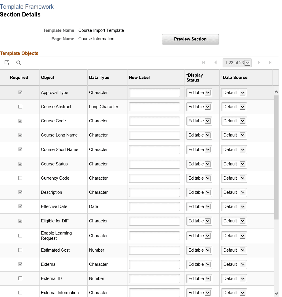 Template Framework - Section Details page