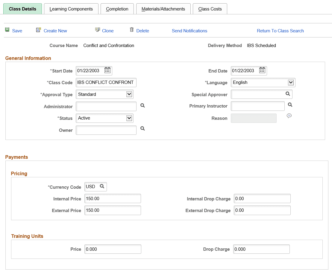 Maintain Classes - Class Details page (1 of 3)