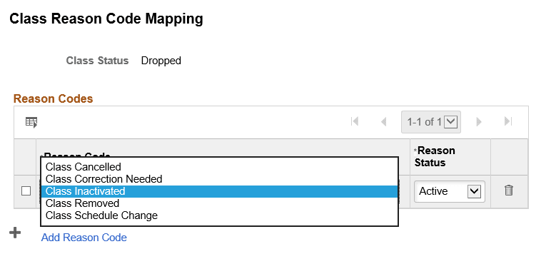 Class Reason Code Mapping Page