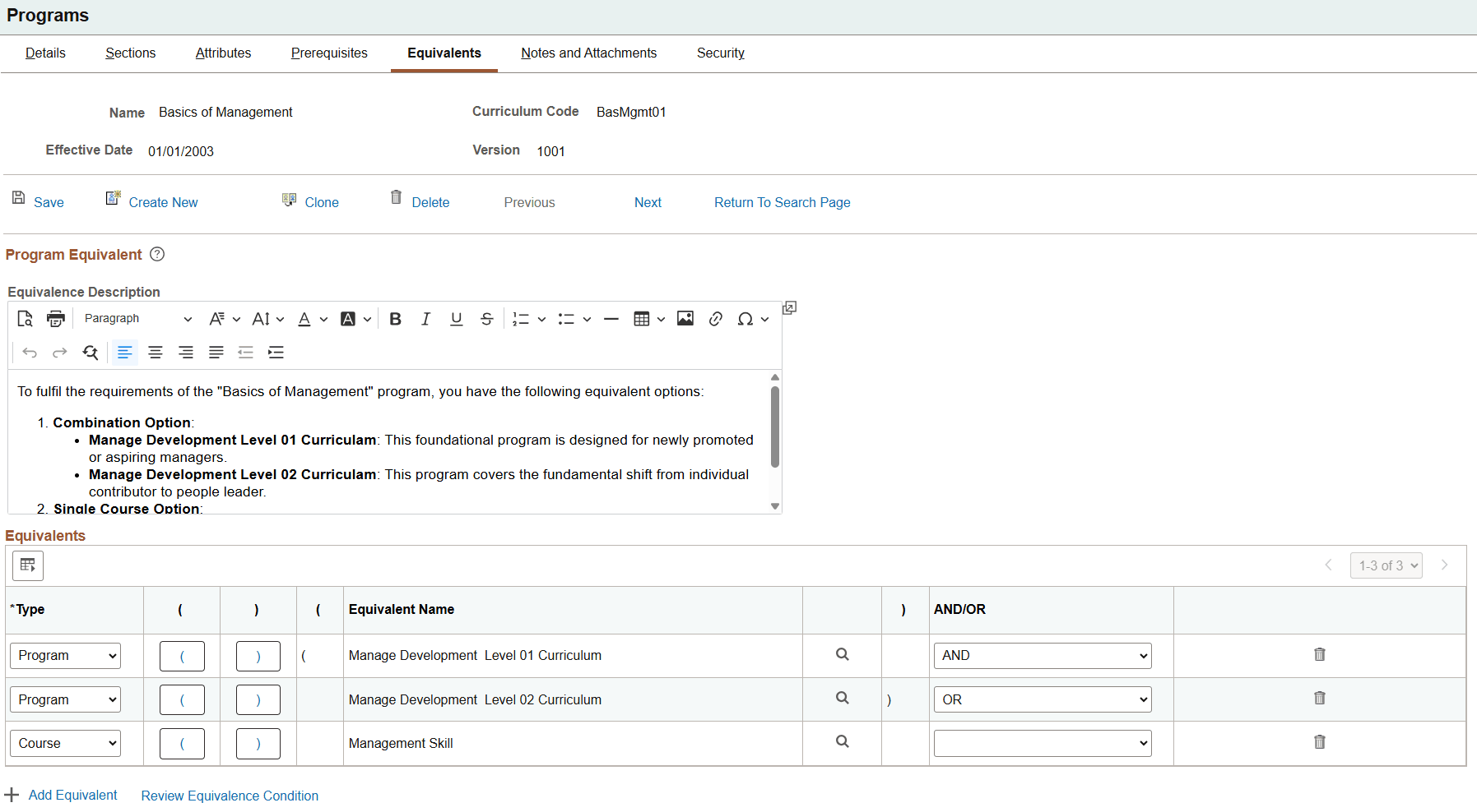 Maintain Programs_Equivalents page