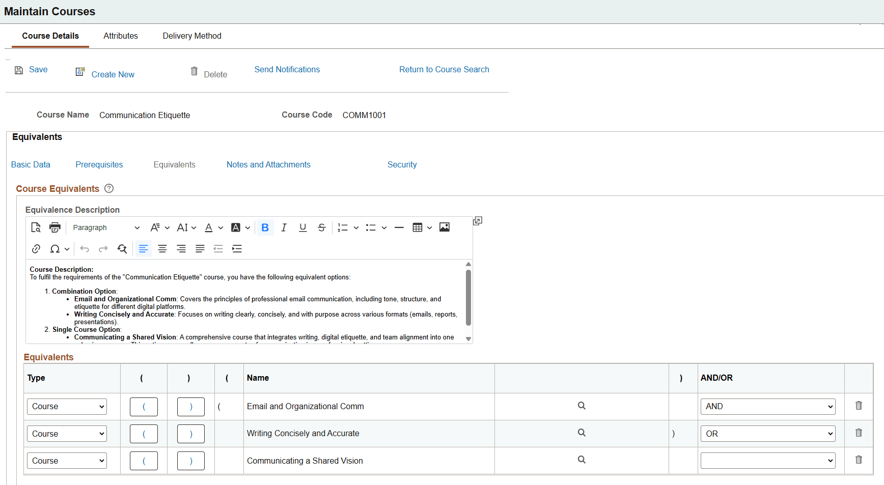 Maintain Courses_Details_Equivalents page