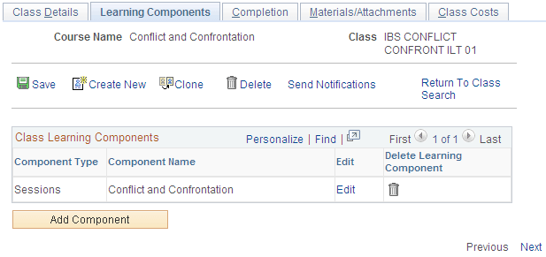 Maintain Classes - Learning Components page