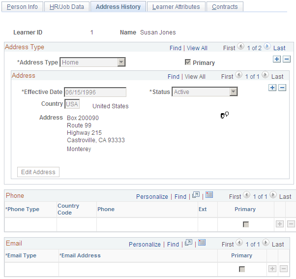 Internal Learners - Address History page
