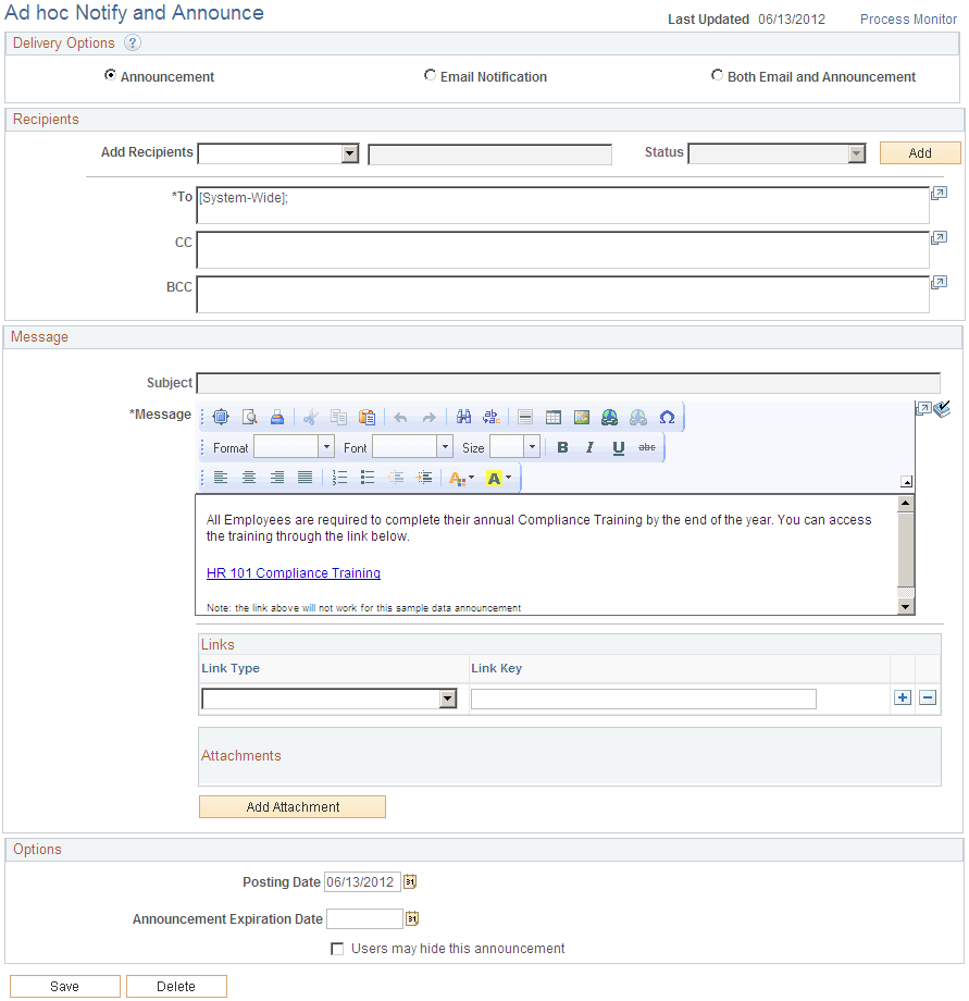 Ad hoc Notify and Announce page