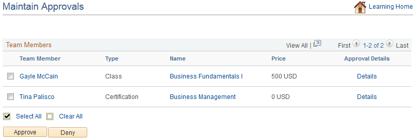 Maintain Approvals page