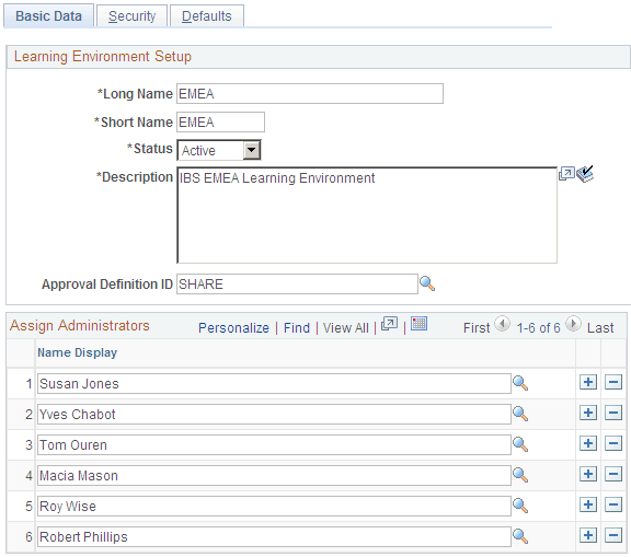 Learning Environment - Basic Data page