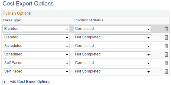 Cost Export Options page
