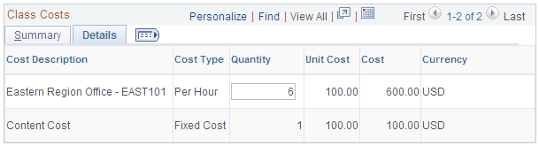 Class Costs: Details tab