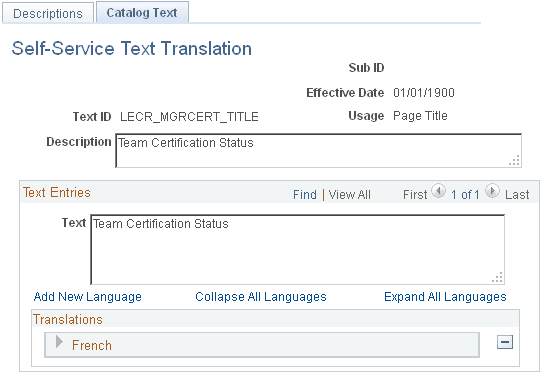 Self-Service Text Translation: Catalog Text page